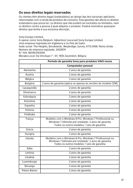 Sony SVF13N1J2E - SVF13N1J2E Documents de garantie Portugais