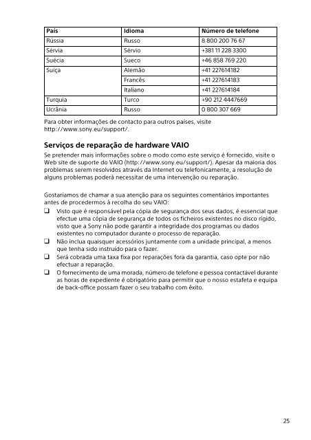 Sony SVF13N1J2E - SVF13N1J2E Documents de garantie Portugais