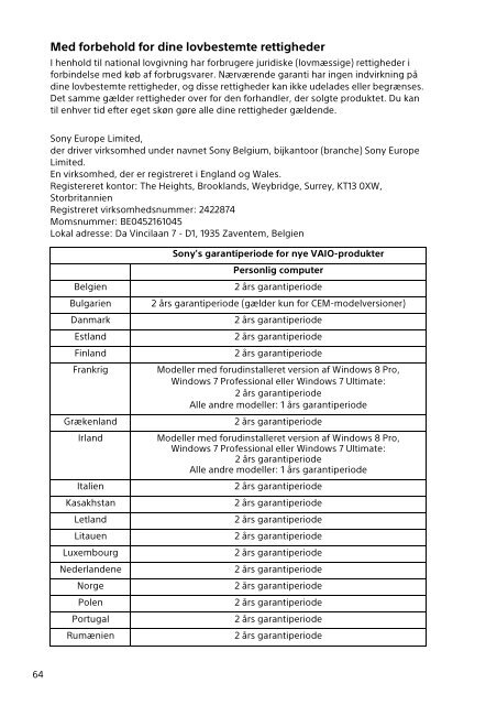 Sony SVF13N1J2E - SVF13N1J2E Documents de garantie Danois