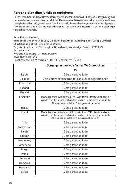 Sony SVF13N1J2E - SVF13N1J2E Documents de garantie Danois