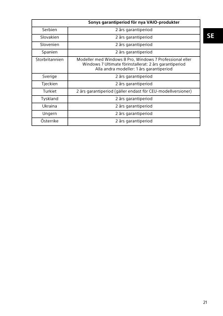 Sony SVF13N1J2E - SVF13N1J2E Documents de garantie Su&eacute;dois