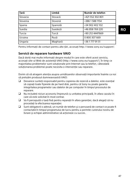 Sony SVF13N1J2E - SVF13N1J2E Documents de garantie Roumain