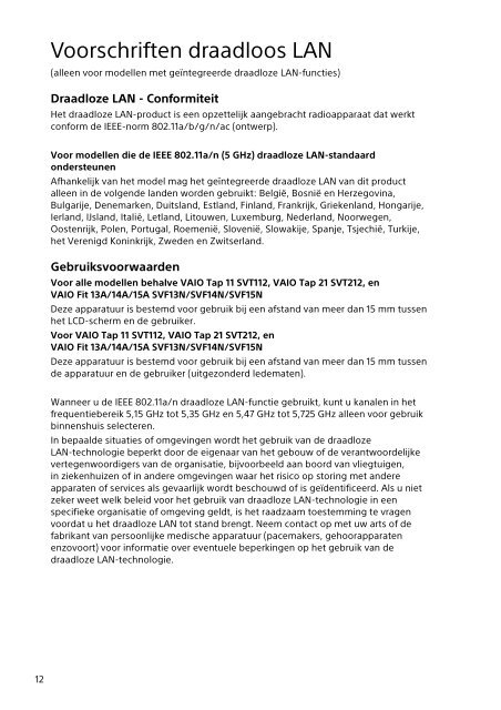 Sony SVF13N1J2E - SVF13N1J2E Documents de garantie N&eacute;erlandais