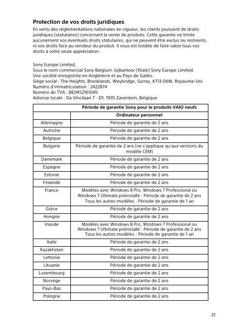 Sony SVF13N1J2E - SVF13N1J2E Documents de garantie