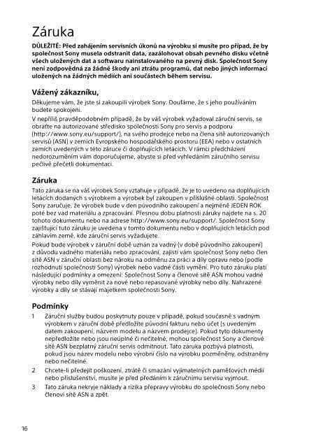 Sony SVF13N1J2E - SVF13N1J2E Documents de garantie Slovaque