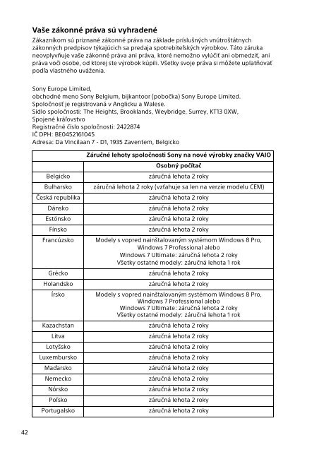 Sony SVF13N1J2E - SVF13N1J2E Documents de garantie Slovaque