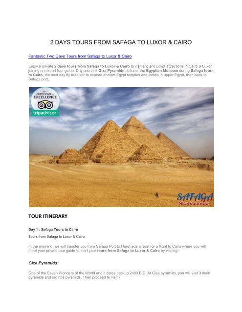 Fantastic Two Days Tours from Safaga to Luxor & Cairo