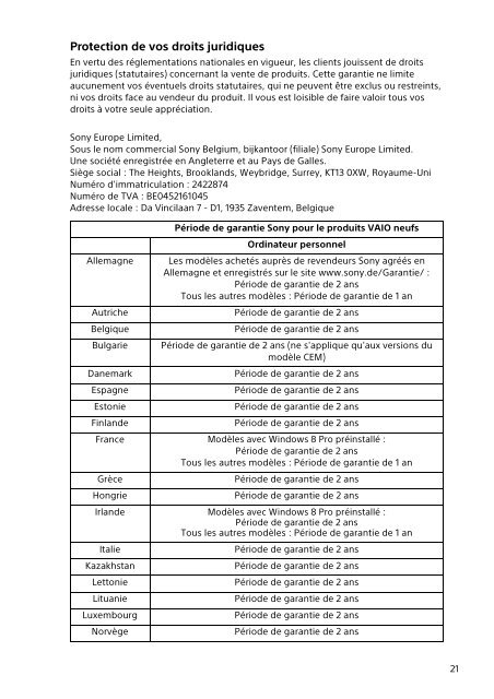 Sony SVS1311Q9E - SVS1311Q9E Documents de garantie