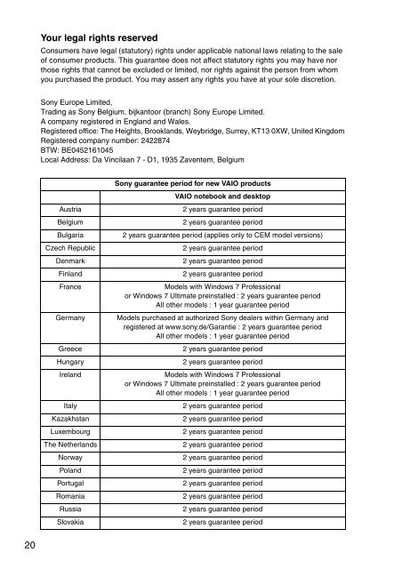 Sony SVS1311Q9E - SVS1311Q9E Documents de garantie Anglais