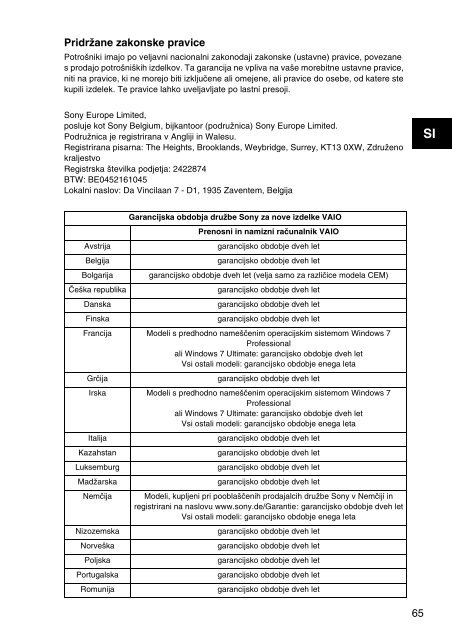 Sony SVS1311Q9E - SVS1311Q9E Documents de garantie Croate