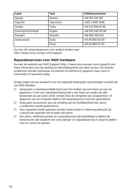 Sony SVE1512C1R - SVE1512C1R Documenti garanzia Olandese