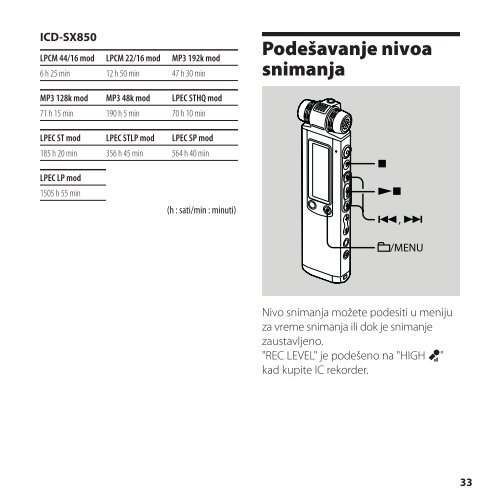 Sony ICD-SX850 - ICD-SX850 Istruzioni per l'uso Serbo