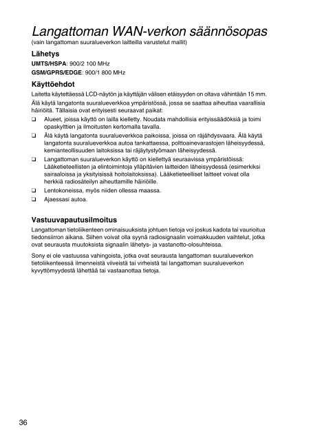 Sony SVS1311Q9E - SVS1311Q9E Documents de garantie Finlandais