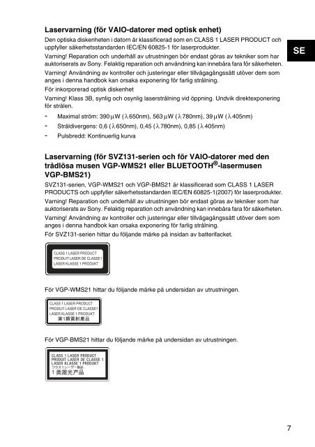 Sony SVS1311Q9E - SVS1311Q9E Documents de garantie Su&eacute;dois