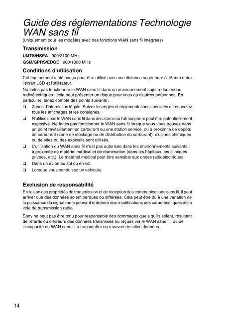 Sony SVS1311Q9E - SVS1311Q9E Documents de garantie Fran&ccedil;ais