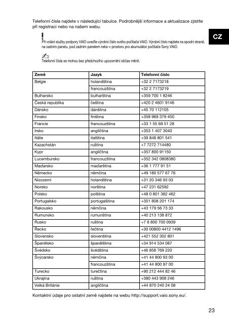 Sony SVS1311Q9E - SVS1311Q9E Documents de garantie Tch&egrave;que