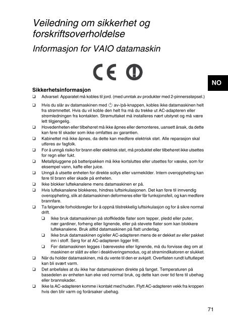 Sony SVS1311Q9E - SVS1311Q9E Documents de garantie Norv&eacute;gien