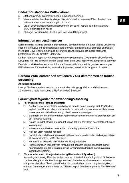 Sony SVS1311Q9E - SVS1311Q9E Documents de garantie Norv&eacute;gien