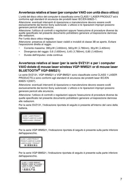 Sony SVS1311Q9E - SVS1311Q9E Documents de garantie Italien
