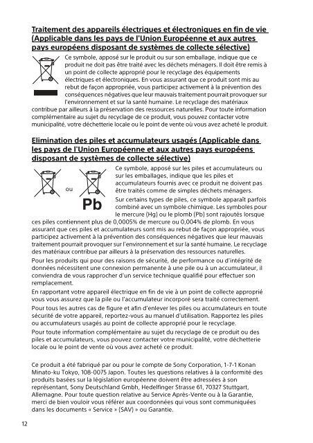 Sony VPCSA2Z9R - VPCSA2Z9R Documents de garantie Fran&ccedil;ais