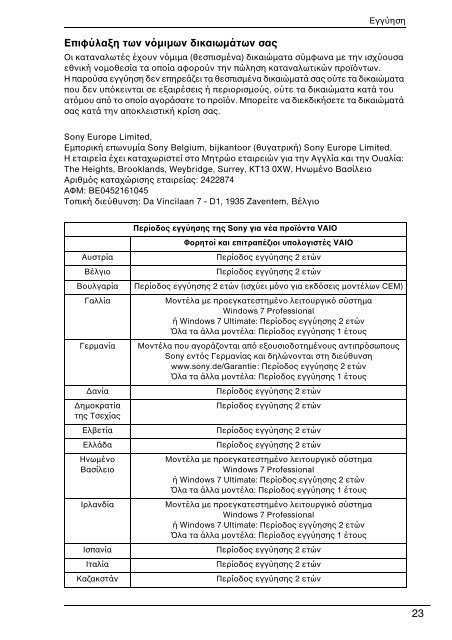 Sony VPCSA2Z9R - VPCSA2Z9R Documents de garantie Grec