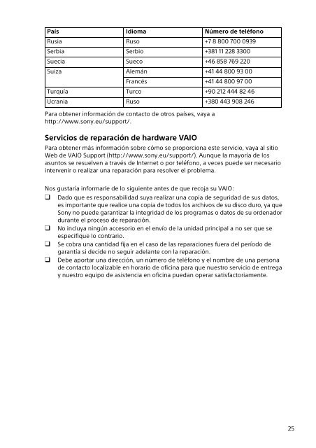 Sony VPCSA2Z9R - VPCSA2Z9R Documents de garantie Espagnol