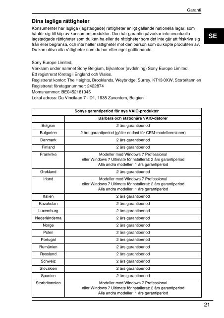 Sony VPCSA2Z9R - VPCSA2Z9R Documents de garantie Finlandais