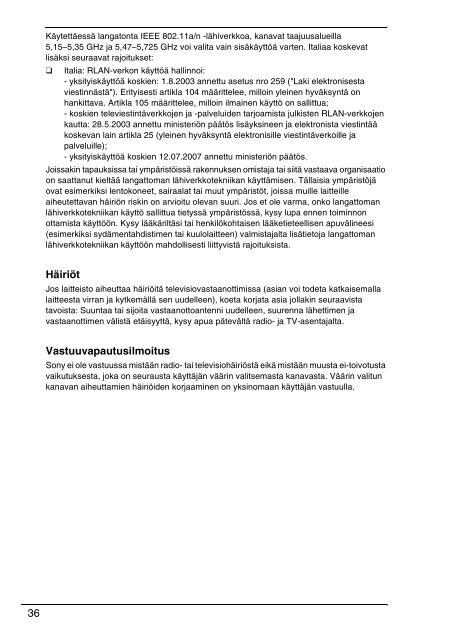 Sony VPCSA2Z9R - VPCSA2Z9R Documents de garantie Finlandais