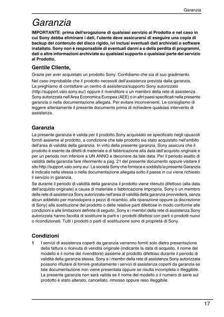 Sony VPCSA2Z9R - VPCSA2Z9R Documents de garantie Italien