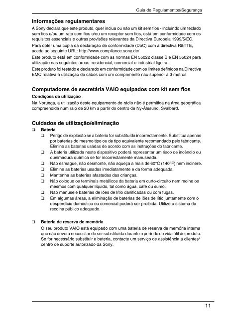 Sony VPCSA2Z9R - VPCSA2Z9R Documents de garantie Portugais