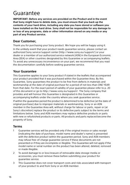 Sony VPCSA2Z9R - VPCSA2Z9R Documents de garantie Anglais