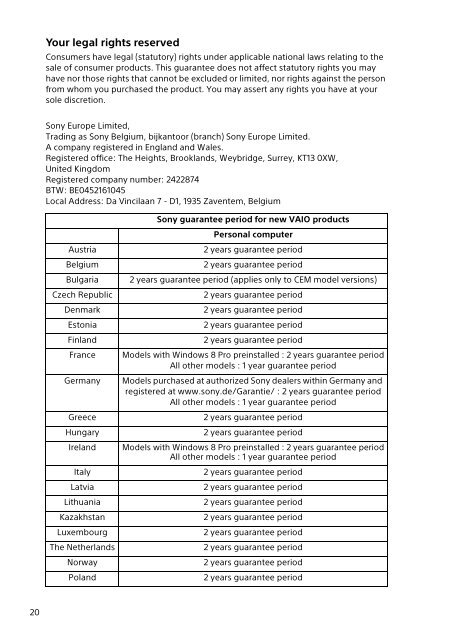 Sony VPCSA2Z9R - VPCSA2Z9R Documents de garantie Anglais