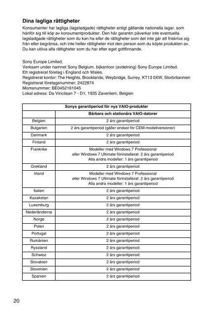 Sony SVS1311M9R - SVS1311M9R Documenti garanzia Danese