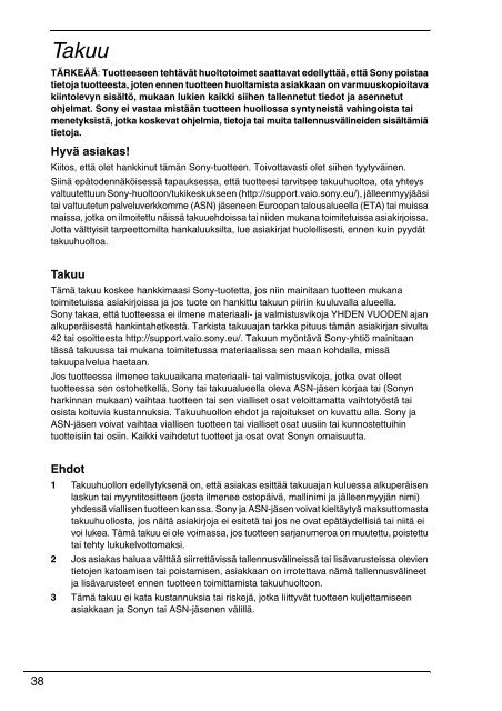 Sony VPCF13E1R - VPCF13E1R Documenti garanzia Finlandese
