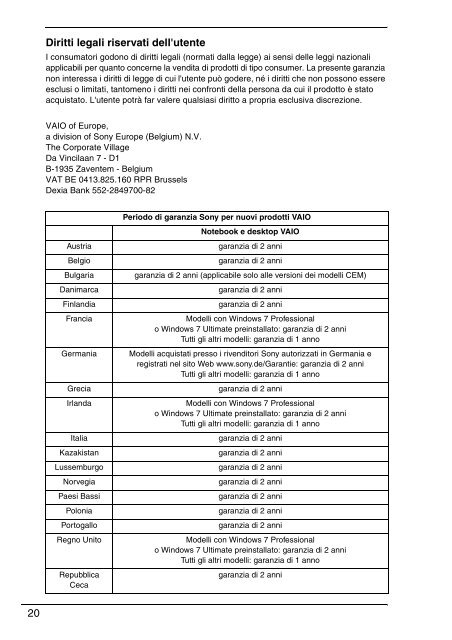 Sony VPCF13E1R - VPCF13E1R Documenti garanzia