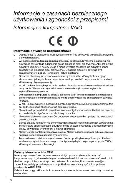 Sony VPCF13E1R - VPCF13E1R Documenti garanzia Polacco