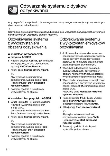 Sony VPCF13E1R - VPCF13E1R Guida alla risoluzione dei problemi Polacco