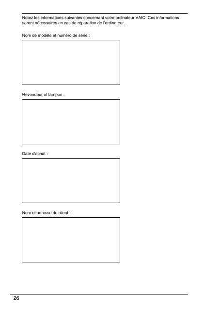 Sony VPCSA2Z9R - VPCSA2Z9R Documents de garantie Fran&ccedil;ais