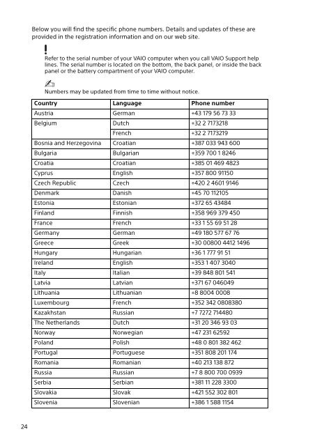 Sony SVT1313K1R - SVT1313K1R Documents de garantie Serbe