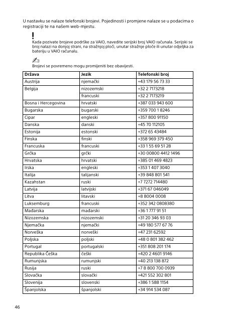 Sony SVT1313K1R - SVT1313K1R Documents de garantie Serbe