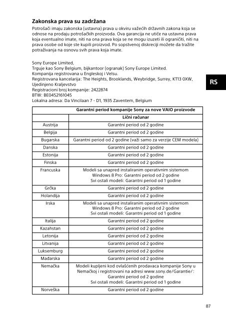 Sony SVT1313K1R - SVT1313K1R Documents de garantie Serbe