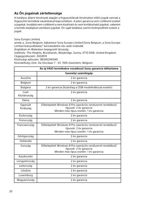 Sony SVT1313K1R - SVT1313K1R Documents de garantie Hongrois