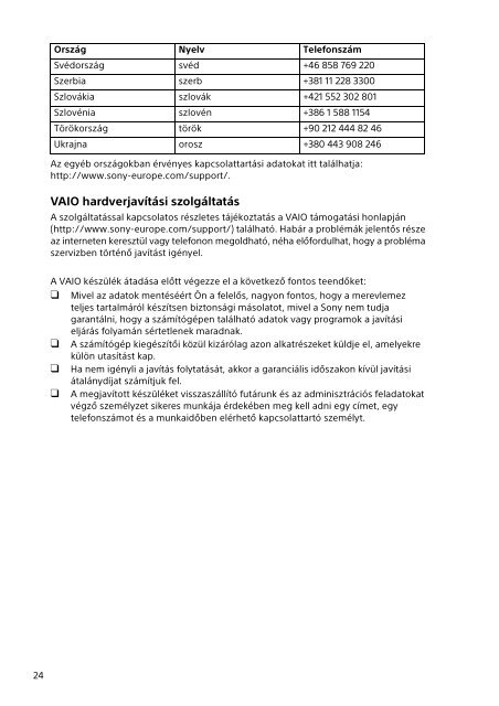 Sony SVT1313K1R - SVT1313K1R Documents de garantie Hongrois