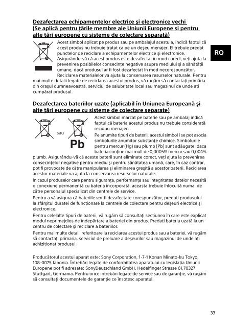 Sony SVT1313K1R - SVT1313K1R Documents de garantie Roumain