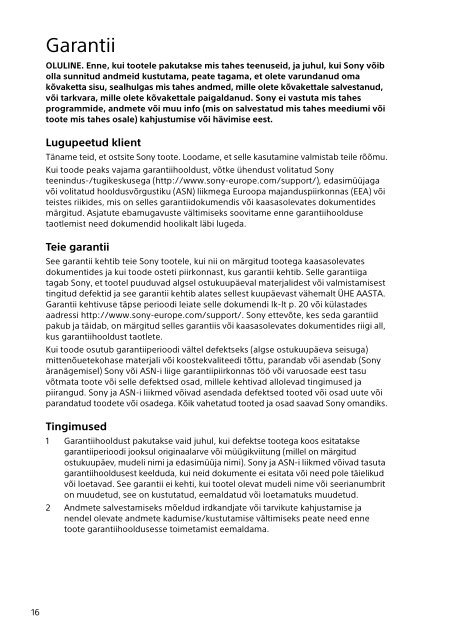 Sony SVT1313K1R - SVT1313K1R Documents de garantie Estonien