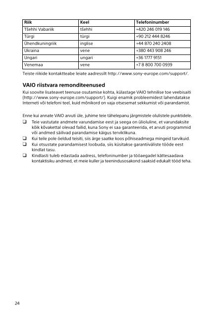 Sony SVT1313K1R - SVT1313K1R Documents de garantie Estonien