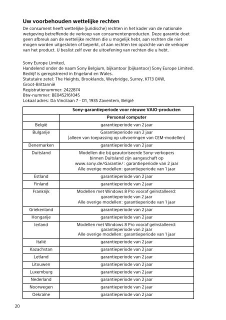 Sony SVT1313K1R - SVT1313K1R Documents de garantie N&eacute;erlandais