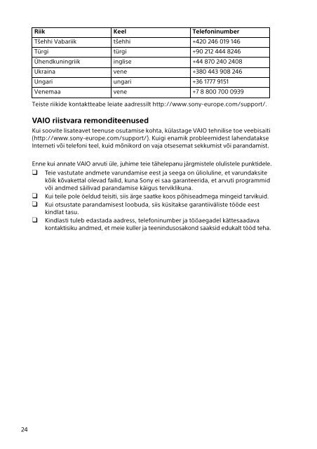 Sony SVT1313K1R - SVT1313K1R Documents de garantie Letton