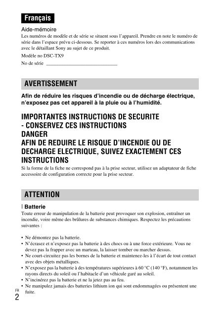 Sony DSC-TX9 - DSC-TX9 Istruzioni per l'uso Francese