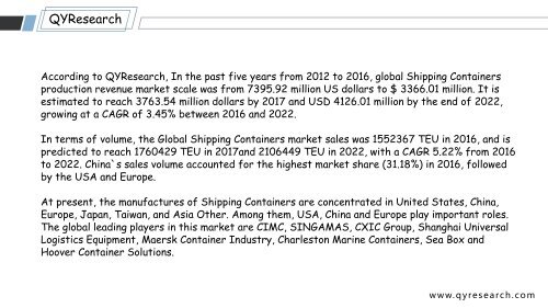 QYR: The global Shipping Containers market is expected to reach USD 4126.01 million by the end of 2022